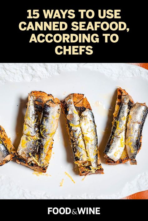 Canned tuna is a great pantry staple, but canned and tinned seafood — like sardines, anchovies, salmon, mussels, and squid — are a favorite of chefs. Here, 16 chefs share 15 ways to make the most of canned and tinned seafood. Anchovie Recipes, Baked Tuna, Canned Squid Recipes, Can Fish Recipes, Tin Sardines Recipes, Kipper Snacks Recipes, Tin Fish Recipes Dinners, Tinned Crab Recipes, Canned Calamari Recipes