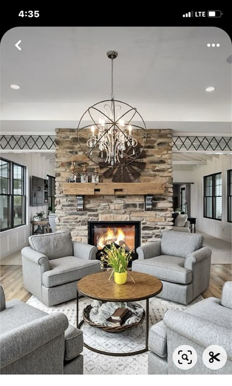 Modern Farmhouse Seating Area, Fireplace With Opening On Each Side, Two Chairs Sitting Area Fireplace, Seating Area In Front Of Fireplace, Small Hearth Room Off Kitchen, Sitting Room Ideas Cozy Farmhouse, Double Sided Fireplace Living Room Ideas, Chairs By Fireplace Two, Sitting Area In Front Of Fireplace