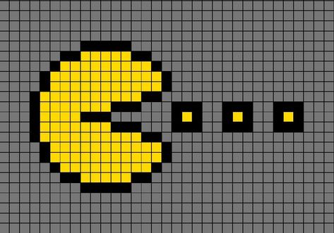 A pixel art template of Pac Man eating yellow squares, as seen in the game. Packman Design, Pixel Art Packman, Galaga Pixel Art, Pixel Art Pattern Video Games, Nintendo Pixel Art, Pac Man Pixel, Arcade Pixel Art, Pacman Cross Stitch Pattern, 8 Bit Pacman