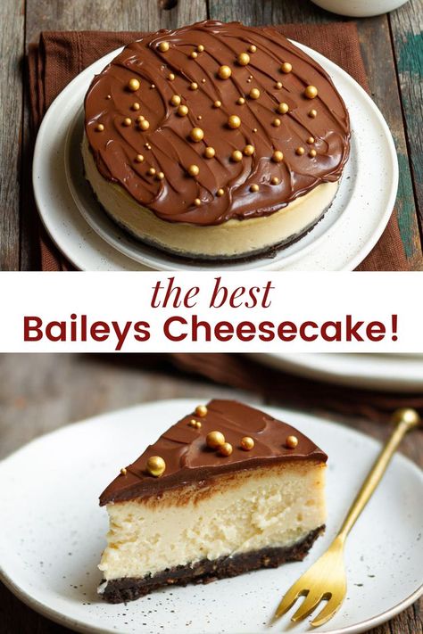 This is the best Baileys cheesecake recipe. It's super creamy, densely velvety, and gently infused with Irish cream liquor. A super indulgent yet easy dessert that is perfect for Thanksgiving, Christmas or any holiday table. Irish Cheesecake, Irish Cream Cheesecake, Baileys Dessert, Baileys Cake, Baileys Cheesecake, Dessert To Make, Alcoholic Desserts, Cream Cheesecake, Chocolate Heaven