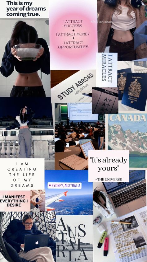 Study abroad and glow up vision board. Australia Vision Board, Abroad Wallpaper, Glow Up Vision Board, Study Abroad Aesthetic, Study Abroad Australia, Goblin Kdrama, Board Wallpaper, Vision Board Examples, Med School Motivation