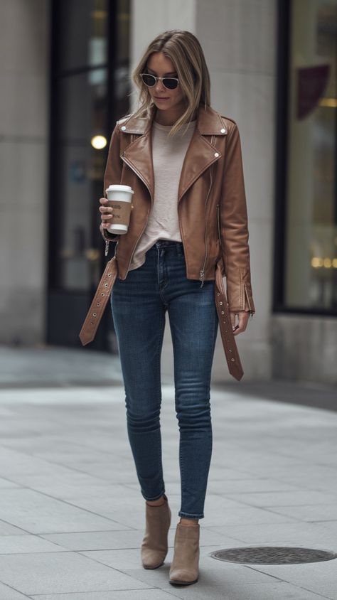 Tan Leather Jacket Outfit Winter, Short Suede Jacket Outfit, Leather Jacket Brown Outfit, Outfit With Brown Leather Jacket, Brown Leather Jacket Outfit Winter, Biker Style Women Outfits, Brown Denim Jacket Outfit, Tan Suede Jacket Outfit, Brown Leather Jacket Outfits Women