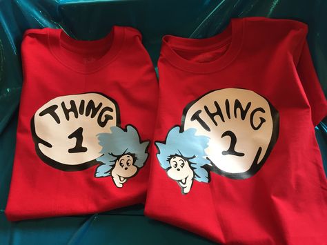 Thing 1 and thing 2 shirts for boys #drsuess Thing One Thing Two Shirts, Class Shirt Ideas High Schools, Thing One And Thing Two Shirts, Dr Seuss Shirts Kids, Thing 1 And Thing 2 Matching Shirts, Dr. Seuss Shirts, Book Character Costumes, Boy Diy, Class Shirt