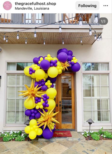 Purple And Yellow Decorations, Bibleman Birthday Party, Purple Yellow Party Decorations, Purple And Yellow Decorations Parties, Purple And Yellow Graduation Party Ideas, Purple And Yellow Balloon Garland, Yellow And Purple Balloon Garland, Purple And Yellow Balloon Arch, Purple And Yellow Balloons