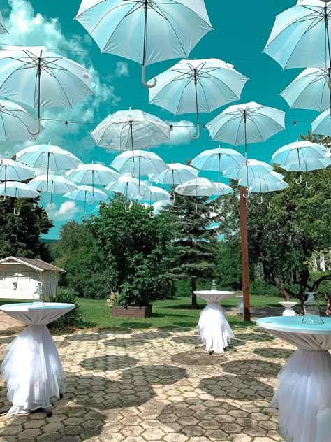 Umbrella Themed Party, Table Umbrella Decorations, Umbrella Walkway, Wedding Umbrella Decorations, Umbrella Backdrop, Floating Umbrellas, Parasol Decor, Wedding Pool Party Decorations, Bridal Shower Umbrella