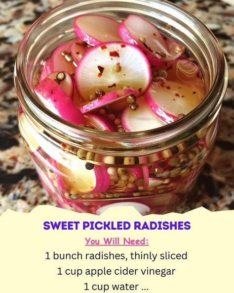 The Savory Secrets Society | Sweet Pickled Radishes | Facebook Radish Pickle Recipe, Pickled Radish Recipe, Radish Recipe, Quick Pickled Radishes, Pickled Radish, Radish Recipes, Quick Pickled, Pickled Radishes, Pot Recipes Easy