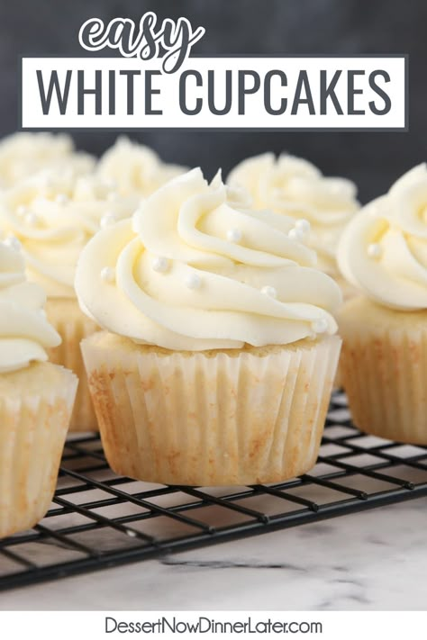 This easy white cupcakes recipe uses egg whites and all-purpose flour for light and velvety homemade cupcakes from scratch. Easy White Cupcakes, White Cupcake Recipes, Resepi Biskut, Resipi Kek, Vanilla Cupcake Recipe, White Cupcakes, Easy Cheesecake Recipes, Köstliche Desserts, Cake Mix Cookies