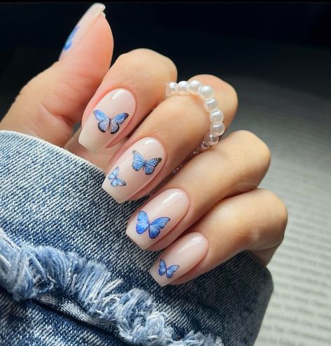 Bright up your nail art with these butterfly nail ideas. These stunning 15 butterfly nails are sure to turn heads this summer! Butterfly Nail Ideas, Acrylic Nails Pastel, Nude Nails With Glitter, Butterfly Nail Designs, Minimal Nails Art, Light Blue Nails, Makeup Nails Designs, Marble Nail Designs, Butterfly Nails