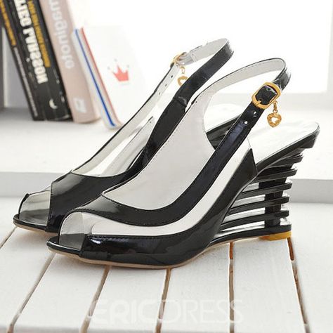 Ericdress Patent Leather Peep Toe Wedge Sandals High Wedge Shoes, Transparent Shoes, Peep Toe Wedge Sandals, Large Size Womens Shoes, Retro Mode, High Heel Wedges, Shoes Heels Wedges, Wedding Sandals, Wedge Heel Sandals