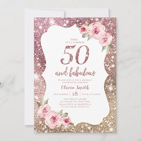 Sparkle rose gold glitter and floral 50th birthday invitation | #50andfabulous #50thbirthday #rosegold #forwomen #pinkandgold #floraladultbirthdayinvitations #elegantwatercolorflowers #sparkleglitter #milestonesurprisebirthdayparty #uniquebeautiful 75th Birthday Invitations, Elegant Birthday Invitations, 90th Birthday Invitations, 60th Birthday Party Invitations, Surprise Birthday Invitations, 70th Birthday Invitations, 80th Birthday Invitations, Rose Gold Invitations, 21st Birthday Invitations