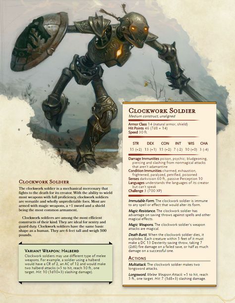 [5e][Monsters] Clockwork Golems Compendium - Album on Imgur Clockwork Soldier Dnd, 5e Monsters, Carpathian Forest, Clockwork Soldiers, Dnd Monster, Monster Manual, Dnd Stats, Dnd Campaign, Dungeon Master's Guide