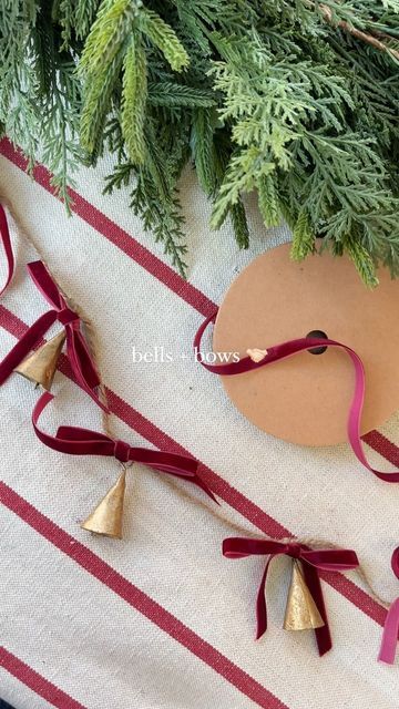 Velvet Ribbon On Wreath, Christmas Bell Garland, Velvet Ribbon Garland, Christmas Wreaths Ornaments, Celestial Christmas, Bell Garland, Christmas Decor Food, Bow Garland, Diy Christmas Garland