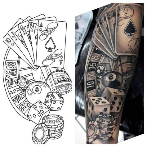 Gambling Tattoo Sleeve, Casino Tattoo Stencil, Casino Theme Tattoo, Casino Tattoo Sleeve, Gambling Tattoo Design, Sleeve Stencils Tattoo Designs, Casino Tattoo Ideas, Gambling Tattoo Ideas, Tattoo Casino