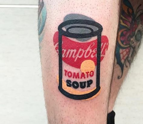 Warhol Tattoo, Soup Tattoo, Campbell Tomato Soup, Pop Art Food, Campbell's Soup Cans, Contemporary Pop Art, Pop Art Tattoos, Rose Flower Tattoos, Food Tattoos