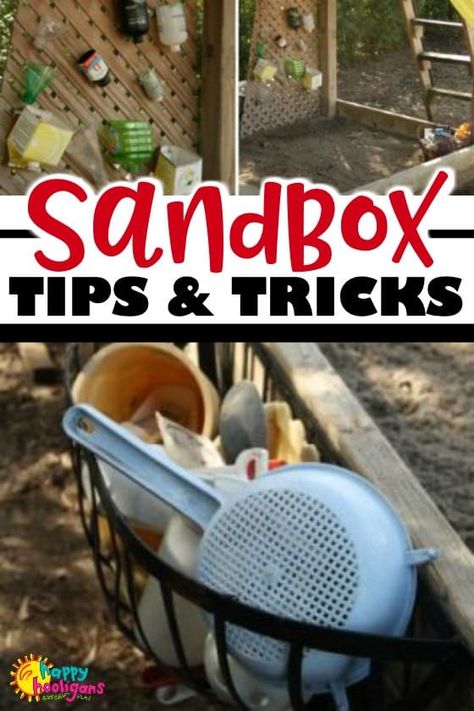 Transform your sandbox from ordinary to extraordinary with these easy sandbox tips and tricks! #HappyHooligans #Sandbox #SandPlay #Toddlers #Preschoolers #BackyardFun #SandboxIdeas #SandToys #SandToyStorage #PlayIdeas #OutdoorPlay Sandpit Ideas For Kids, Sandbox Toy Ideas, Sand Pit Ideas Play Areas Outdoor Spaces, Sandbox Play Ideas, Small Sandpit Ideas, Sandbox Ideas With Cover, Yard Toy Storage, Sandbox Under Deck, Cool Sandbox Ideas