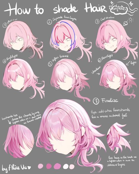 Shade Hair, Drawing Hair Tutorial, Anime Tutorial, How To Shade, Digital Art Beginner, Coloring Tutorial, Digital Painting Tutorials, Anime Hair, Anime Drawings Tutorials