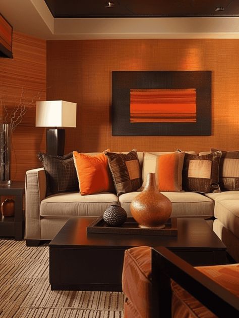 Orange Living Room Ideas: Cozy and Inviting Space Pops Of Orange Decor, Cozy Red Living Room, Orange Decor Living Room, Orange And Brown Living Room, Orange Living Room Decor Ideas, Orange Living Room Ideas, Modern White Couch, Chocolate Living Rooms, Victorian Style Decor