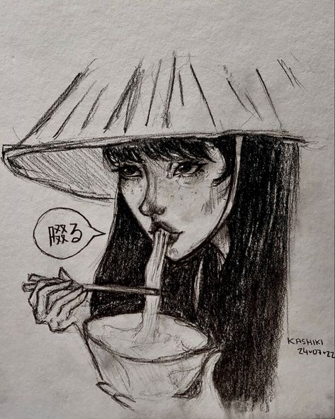 korean, Japanese noodle drawing, anime girl sketch Deliquent Japan, Eating Noodles Drawing, Noodles Drawing, Tomboy Drawing, Dry Leaf Art, Supernatural Drawings, Eating Noodles, Harry Potter Art Drawings, Girl Eating