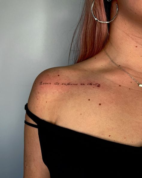 Handwriting tattoo ✨ 🔖#idahofallstattoo #pocatellotattoo #rexburgtattoo #twinfallstattoo #boisetattoo #jacksonholetattoo fineline handwriting tattoo on collar bones, feminine tattoos, Idaho tattoo artist Phoebe Bridgers Tattoo Chinese Satellite, Phoebe Bridgers Tattoo Handwriting, Phoebe Bridgers Moon Song Tattoo, Phoebe Bridgers Tattoos She Has, Script Tattoo Placement, Idaho Tattoo, Phoebe Bridgers Barbed Wire Tattoo, Handwriting Tattoo, Collarbone Tattoo