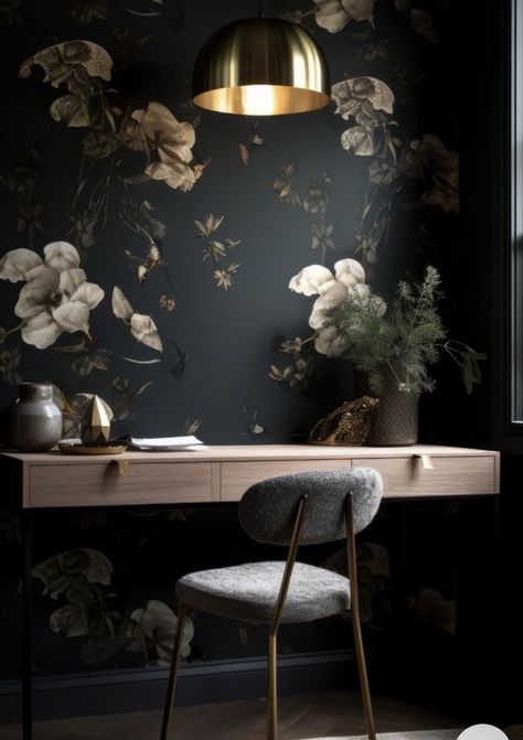 Dark Office Aesthetic, Clawfoot Tub Ideas, Office Feature Wall, Bedroom Office Space, Dark Floral Wallpaper, Clawfoot Tubs, Home Office Layouts, Moody Wallpaper, Premium Wallpaper