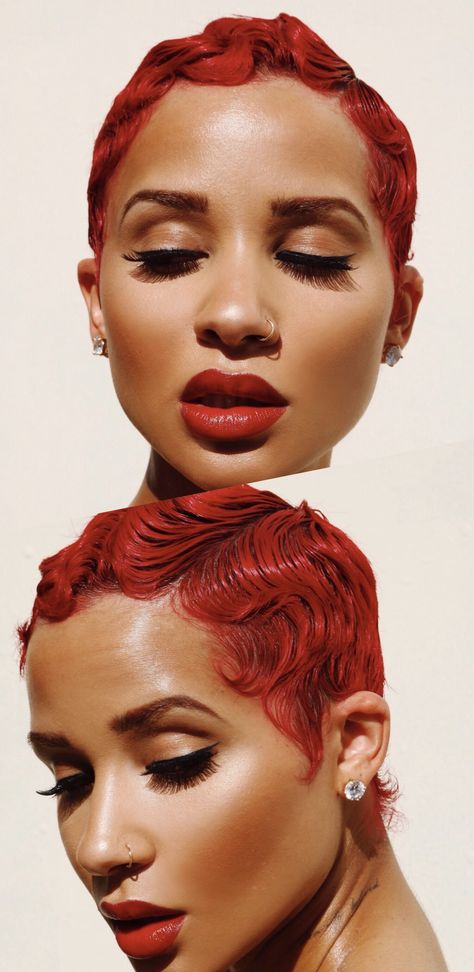 Sweetie Short Hair, Very Short Red Hair Pixie, Red Fingerwaves For Black Women, Women Waves Haircut, Cute Hairstyles With Beanies Short Hair, Burgundy Fingerwaves, Pixie Haircut Fingerwaves, Red Pixie Cut On Black Women, Red Finger Waves Black Women