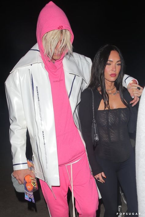 Megan Fox Wears Corset Top and Leggings With MGK Megan Fox Mgk Halloween Costume, Mgk And Megan Fox Halloween Costume, Megan Fox And Mgk Aesthetic, Mgk Megan, Mgk Megan Fox Selfie, Mgk Aesthetic, Fox Halloween Costume, Pink Sweatsuit, Holding Your Hand