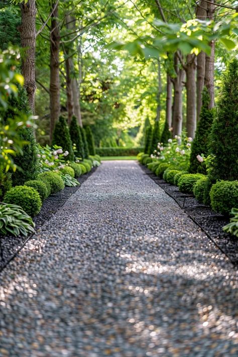 Tree Lined Driveway Ideas to Elevate Your Home Drive Around Driveway, Decorative Driveway Ideas, Trees Along Driveway, Driveway With Trees, Pea Gravel Pathway, Driveway Hedge, Long Driveway Landscaping, Gravel Driveway Edging, Acreage Landscaping