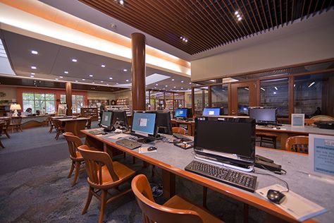 The Adult Public Computer area in 2011 located across from the Reference Desk. The Windowed room behind the computers is the library's quiet study. Photographed by Jim Lennon. (Picture taken in 2014) Library Computer, Circulation Desk Library, Private School Library, 80s Library, Ny Public Library Aesthetic, Kids Computer, Desk Job, School Computers, Room Library