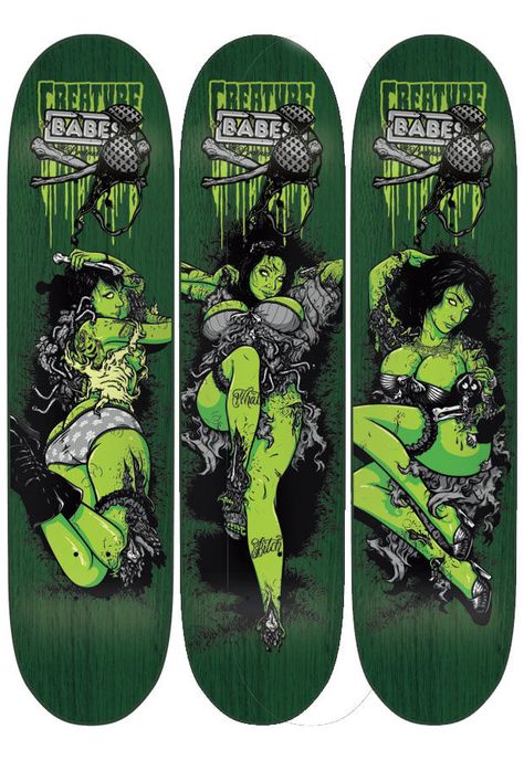 On Deck: Todd Bratrud Brings Babes to Creature Skateboards | Complex Skateboard Artwork, Kustom Kulture Art, Custom Skateboard Decks, Creature Skateboards, Skateboard Deck Art, Skateboard Art Design, Skateboard Photography, Vintage Skateboards, Custom Skateboards