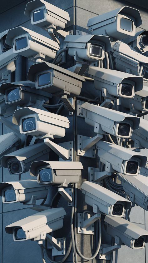 A detailed and realistic image of a cluster of surveillance cameras mounted on a wall. The cameras, ranging from compact to bulky, are positioned strategically to monitor the surrounding area from different angles. Each camera has a distinct design and lens orientation, emphasizing the diversity in security equipment. Metal brackets hold the cameras in place, and a web of wires connects them to a central control unit. The atmosphere of the image is that of a secure and protected environment, wit Survelliance Camera Aesthetic, Surveillance Aesthetic, Security Camera Aesthetic, Anti Surveillance, Security Equipment, Surveillance Cameras, Control Unit, Security Camera, Social Justice