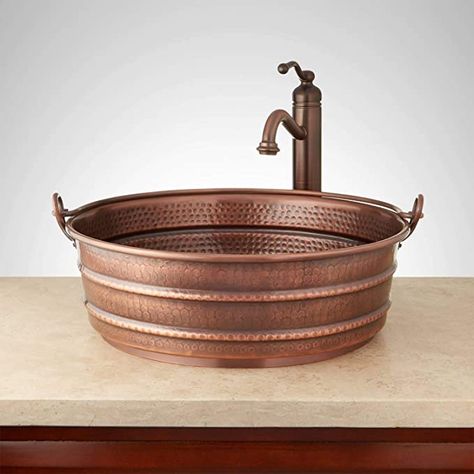 Rv Plumbing, Copper Vessel Sinks, Bucket Sink, Copper Sink Bathroom, Sink Ideas, Copper Vessel, Copper Bathroom, Copper Handles, Vessel Sink Faucet