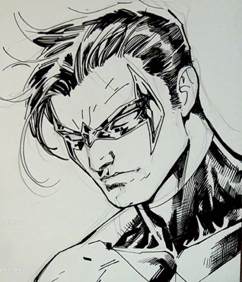 Comic Book Art Style Male, Nightwing Sketch, Comic Shading, Inking Comics, Superhero Sketches, Batman Art Drawing, Male Face Drawing, Red Demon, Jim Lee Art