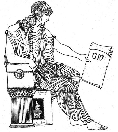 •	Clio  - the “Proclaimer” is the muse of History and Oral Tradition and is often seen sitting with a scroll and accompanied by a chest of books. She has been credited with introducing the Phoenician alphabet into Greece. Art by Katlyn Clio Muse Tattoo, Calliope Muse Tattoo, Greek Muses Art, Clio Muse Of History, Ancient Greek Women Art, Hera Illustration, Greek Myth Illustration, Clio Muse, Greek Muses Illustration