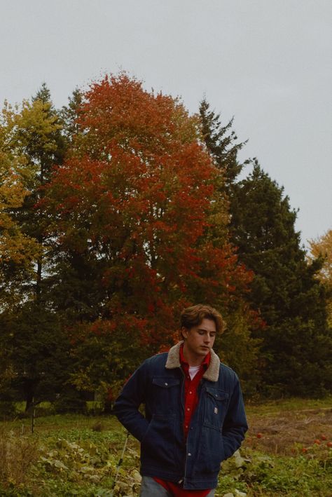 jean jacket, autumn trees, pumkin patch Fall Season Outfits Men, Autumn Men Photoshoot, Mens Fall Photoshoot, Mens Fall Aesthetic, Fall Senior Boy Picture Ideas, Men’s Fall Outfits Photoshoot, Men’s Fall Photoshoot, Fall Senior Pictures Men, Fall Photoshoot Men