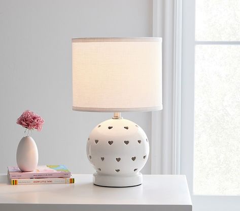 Ceramic Heart Cut Out 3-Way Table Lamp | Pottery Barn Kids Toddler Lamp, Apartment Finds, Unicorn Lamp, Lamp Pottery, Heart Lamp, Comfy Place, Butterfly Table, Nursery Lighting, Kids Room Lighting