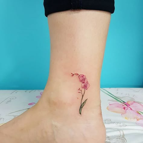 Orchid Flower Tattoos, Tiny Flower Tattoos, Flower Spine Tattoos, Orchid Tattoo, Ankle Tattoos For Women, Mom Tattoo Designs, Blossom Tattoo, Dainty Tattoos, Spine Tattoos