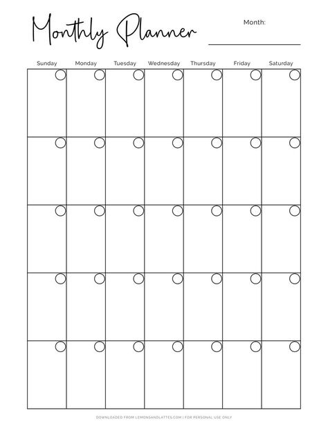 Stay on top of your month with this free printable monthly planner template. The design features a clean, undated layout. Monthly Planner Black And White, Bullet Journal Ideas Templates Month, Bullet Journal Calendar Printable, Month Planner Template, Monthly Planner Free Printable, Blank Monthly Calendar Printable Free, 3 Month Planner, Monthly Planner Template Free Printable, Goodnotes Monthly Planner