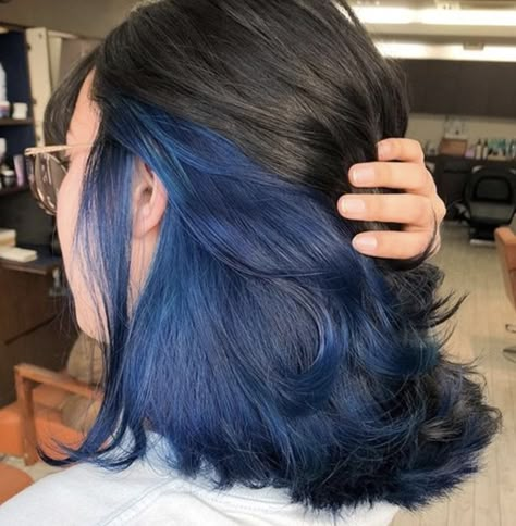 Blue Hair Underneath, Under Hair Dye, Midnight Blue Hair, Hidden Hair Color, Blue Hair Highlights, Peekaboo Hair Colors, Dyed Hair Blue, Dark Blue Hair, Hair Color Underneath