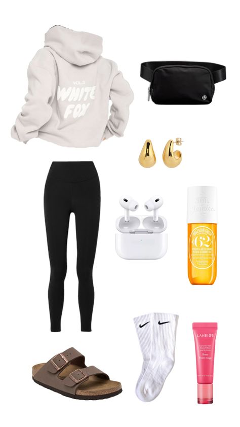 White Fox Hoodie, AirPods, gold hoop earrings, Arizona Birkenstocks, Lululemon Align Leggings, Lululemon belt bag, Sol De Janiero 62, Laneige Lip Balm Berry, Nike socks Cozy Hoodie Outfit, Birkenstock Arizona Outfit, Laneige Lip Balm, Nike Socks Outfit, Nike Hoodie Outfit, White Fox Hoodie, Comfy School Outfits, Lululemon Belt Bag, Birkenstock Outfit