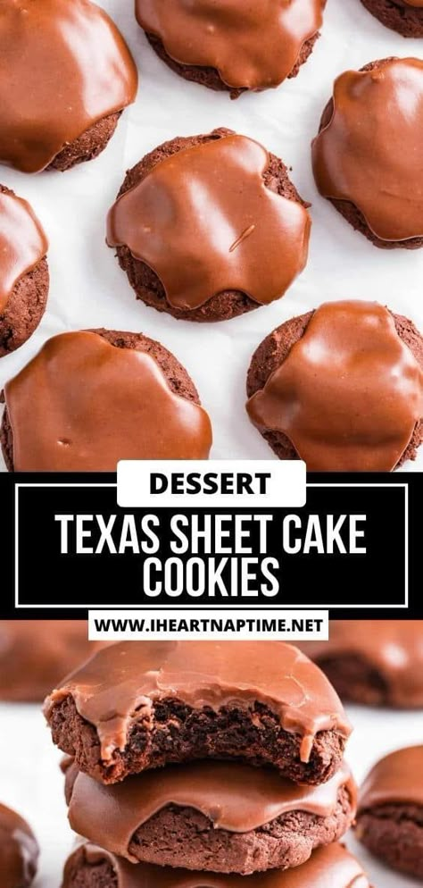 Grab your boxed cake mix, eggs, and butter, make a batch of 24 fudgy Texas sheet cake cookies, and add a delicious Texas sheet cake frosting on top! Texas Sheet Cake Frosting, Sheet Cake Frosting, Cookie Monster Brownies, Chocolate Chips Cookies Recipe, Cake And Brownie, Sheet Cake Cookies, Cookie Recipes Christmas, Strawberry Sheet Cakes, Texas Sheet Cake Cookies