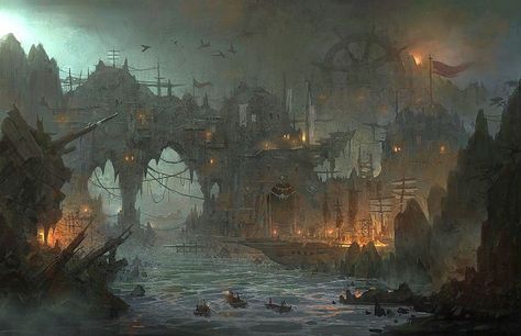 Pirate City, Pirate Town, Monkey Island, Art Of Animation, Pirate Art, Fantasy City, Fantasy Setting, Fantasy Places, Matte Painting