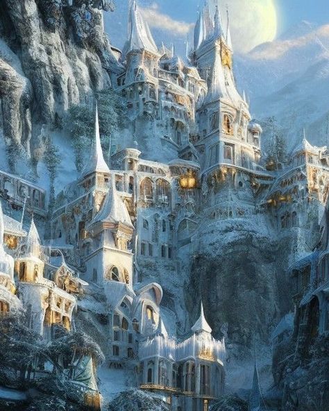 Arctic City Fantasy Art, Castle In Snowy Mountains, Fantasy City In The Mountains, Castles In Mountains, Fantasy Village In The Mountains, Ice Castle Concept Art, Castle In Mountains Art, Winter Palace Fantasy Art, Fantasy Snow Castle