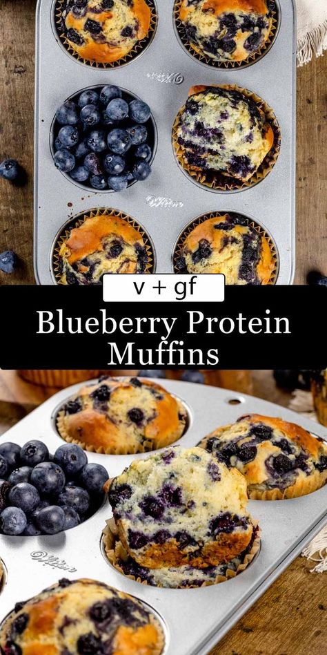 A silver muffin tray is filled with freshly baked homemade blueberry protein muffins. Fresh blueberries and more muffins surround the tray as it sits on a wood kitchen table. Protein Blueberry Muffins, Protein Blueberry, Blueberry Protein Muffins, Egg Free Breakfast, Vegan Blueberry Muffins, Dairy Free Protein, Muffins Vegan, Gluten Free Protein, Dairy Free Breakfasts