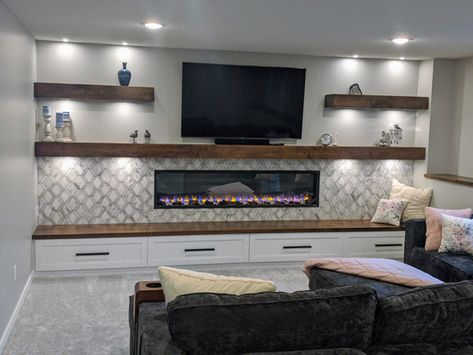 Adventurous: Nautical Contemporary | Basement Finish | Blaine, MN Fireplace Gallery, Contemporary Basement, Floating Fireplace, Basement Fireplace, Dream Basement, Fireplace Entertainment Center, Living Tv, Fireplace Tv Wall, Basement Living Rooms