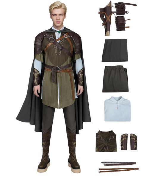 PRICES MAY VARY. 9PCS Top Set: 1*cloak + 1*belt + 1*sleeves + 1*arrow quiver + 1*shoulder armour + 1*top + 1*pants + 1*shirt + 1*cloak pin Prince of The Elves Deluxe Costume: Unlike the simple costumes on the market, our Legolas costume is handmade and refined, 1:1 restoration of character details, deluxe design and materials, guaranteed to make you the best elf prince in the scene! Handmade Refined with Quality Materials: The materials used are exquisite to ensure that the cape is wide and flow Man Elf Costume, Legolas Outfit, Elf Clothes Male, Elf Outfit Male, Suit With Accessories, Wood Elf Costume, Legolas Costume, Fairy Path, Elven Cloak