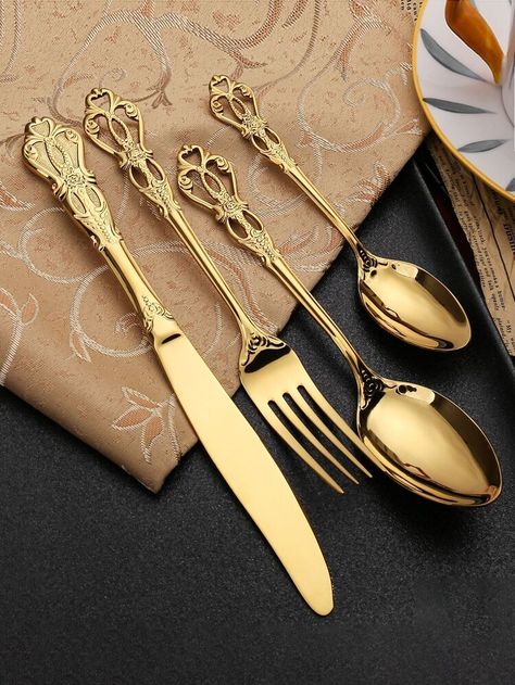 Luxury Cutlery, Unique Knife, Gold Cutlery Set, Gold Cutlery, Spoon Knife, Vintage Cutlery, Luxury Dinnerware, Fork Set, Stainless Steel Cutlery