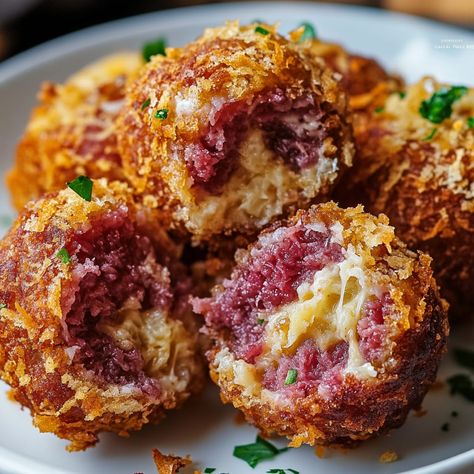 Crispy Reuben Balls: Savory Bites of Corned Beef, Sauerkraut, and Cheese, Coated in Crunchy Goodness Corned Beef Bagel Dip, Corned Beef Cream Cheese Ball, Sauerkraut Balls With Corned Beef, Sourcrout Balls, Reuben Balls Recipe, Crispy Reuben Balls, Corned Beef Cheese Ball Recipes, Rueben Balls, Sour Kraut Balls