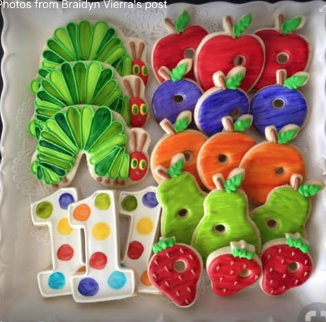 Primary Color First Birthday, Hungry Caterpillar Birthday Smash Cake, First Birthday Hungry Caterpillar, Food Themed First Birthday Party, Hungry Caterpillar Birthday Food, Hungry Caterpillar Birthday Decorations, One Hungry Caterpillar Birthday, Hungry Caterpillar Smash Cake, Hungry Caterpillar Cookies