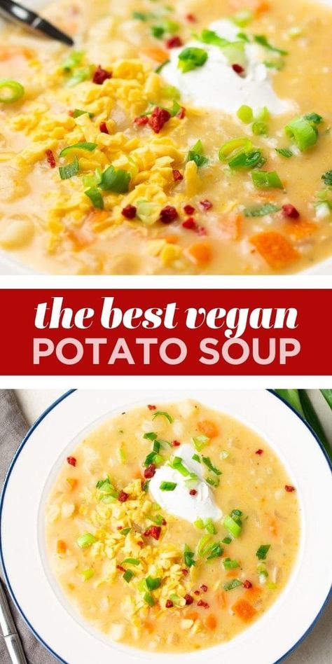 Vegan Bacon Bits, Vegan Potato Soup, Vegan Crockpot, Cream Of Potato Soup, Plant Based Soups, Potato Soup Crock Pot, Daniel Fast Recipes, Soup Easy, Vegan Bacon