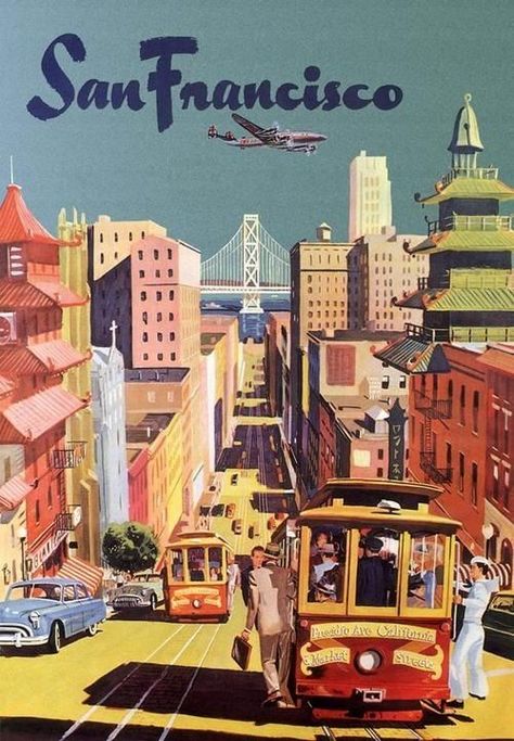 San Francisco travel poster. Old San Francisco, Posters Decor, Old Posters, Vintage Airline Posters, California Postcard, Posters Aesthetic, Postal Vintage, Airline Travel, Vintage Airlines